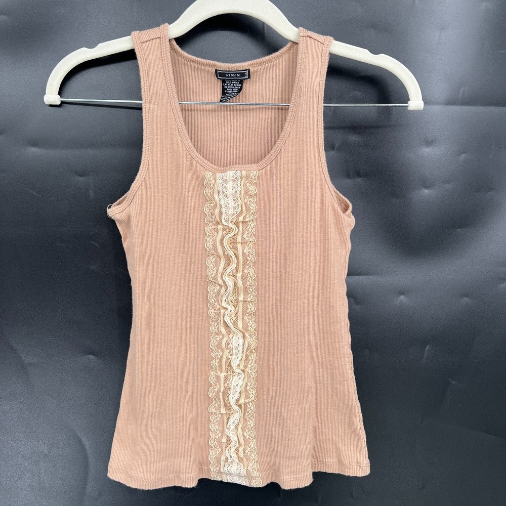 vintage y2k Vixen USA ribbed tank top lace tan soft girl coquette fairycore M